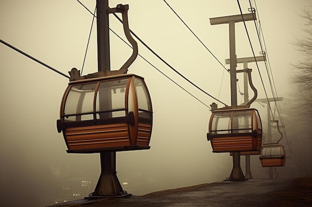 a pair of empty cable car gondolas sit on a hill in the fog.