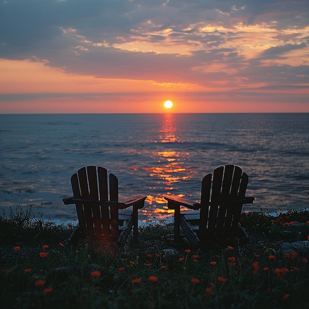 Photo pair of empty chairs facing sunset