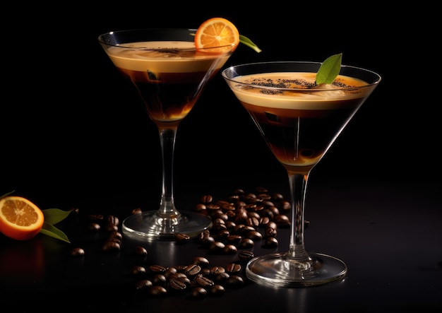 A pair of Espresso Martinis one classic and one decaffeinated showcasing variety