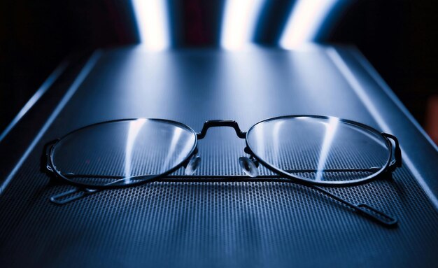 a pair of eyeglasses with a blue background