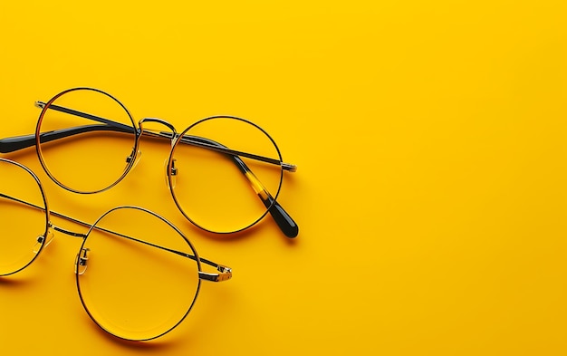 a pair of eyeglasses with a pair of reading glasses on a yellow background