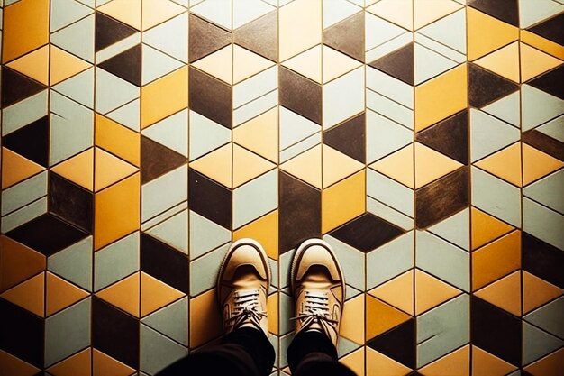 a pair of feet on a geometric patterned floor view from above generative Ai