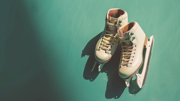 Photo a pair of figure skates hang in the air against a pale green background the skates are white with brown and red accents