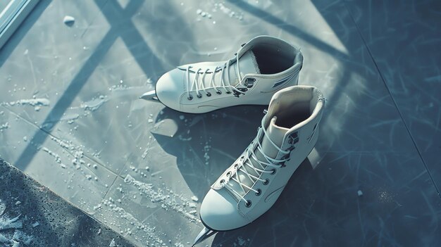 Photo pair of figure skates on the ice the skates are white and have silver blades the ice is cracked and there is snow on the ground