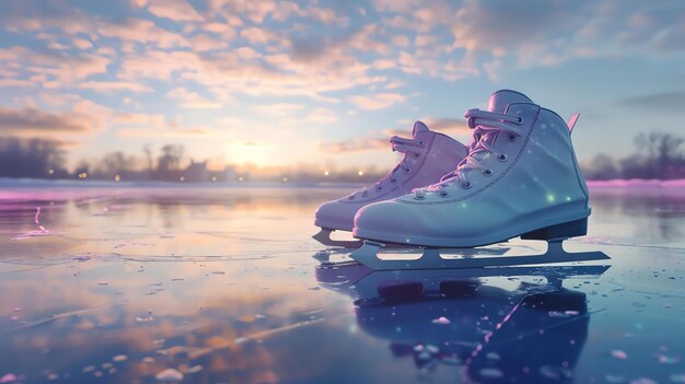 A pair of figure skates rest on the ice of a frozen lake at sunset The skates are white and have silver blades