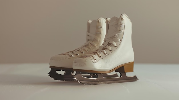 Photo pair of figure skates with white leather uppers and silver blades the skates are resting on a solid surface with a white background