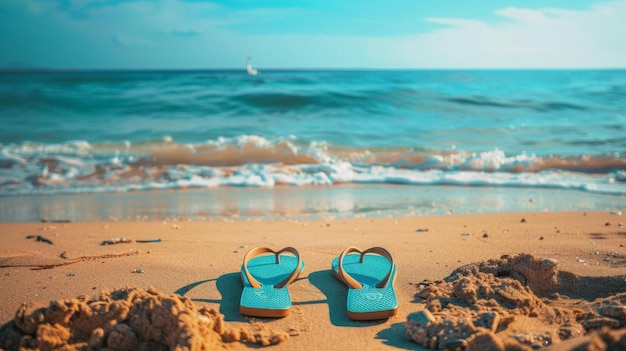Photo a pair of flip flops are laying on the beach