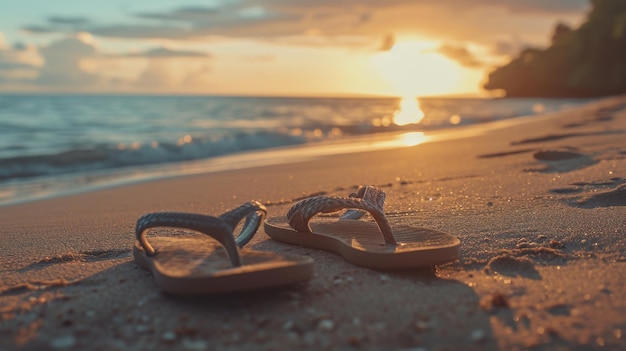 Pair of Flip Flops Resting on Sandy Beach