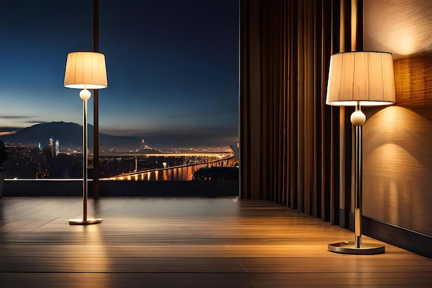 A pair of floor lamps by night