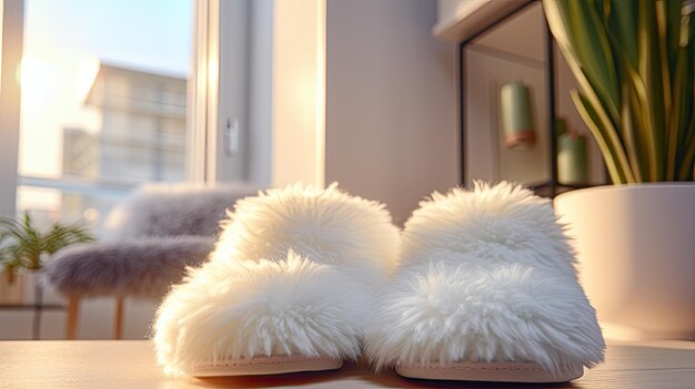 Photo a pair of fluffy house slippers in a modern brightly lit living room