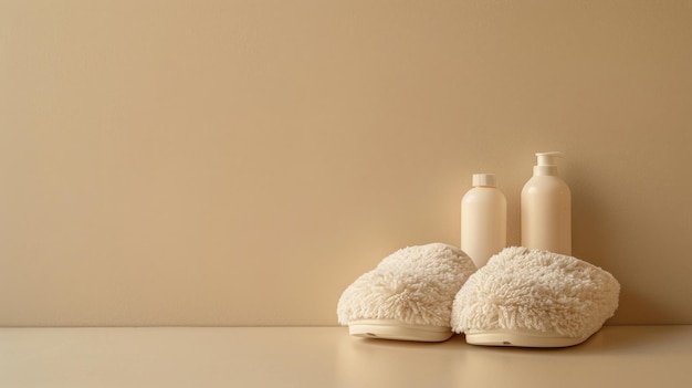 A pair of fluffy slippers placed next to a bottle of lotion