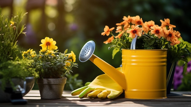 A pair of gardening gloves and a watering can