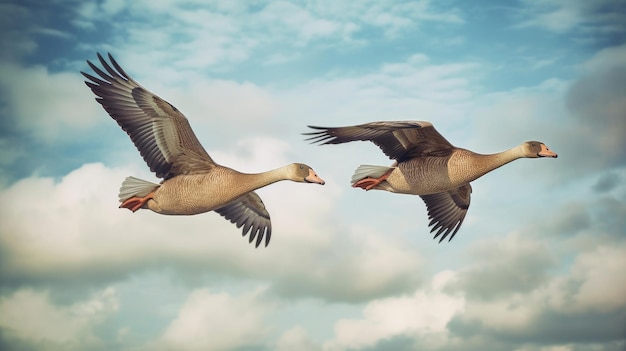 A pair of geese honking as they fly across the sky AI generated