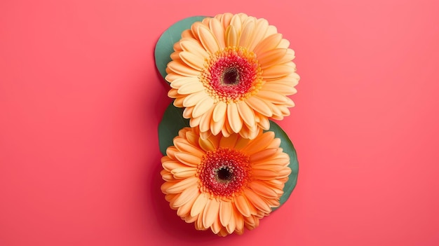 A pair of gerbera daisies are placed on a pink background.