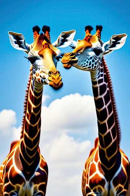 Pair of giraffes in love against blue sky