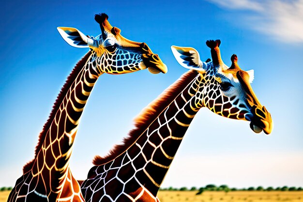 Pair of giraffes in love against blue sky