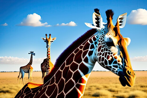 Pair of giraffes in love against blue sky