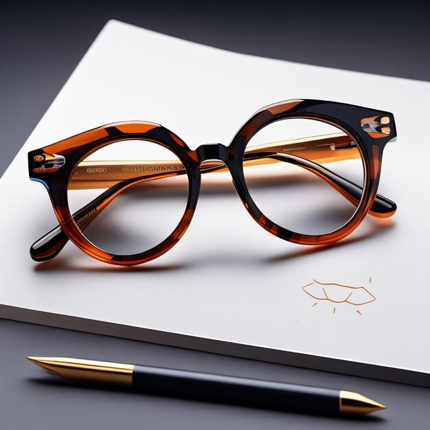 A pair of glasses are on a notepad with a pen and a pen.