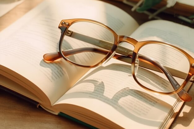 A pair of glasses are open on a book.