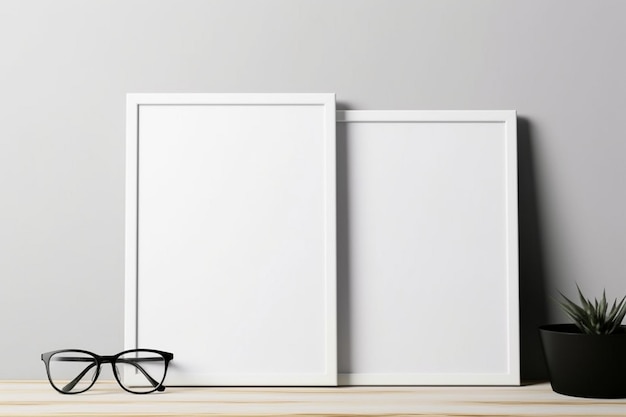 a pair of glasses sit on a table next to a pair of glasses.