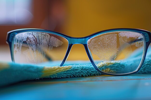 A pair of glasses sitting on top of a blue towel