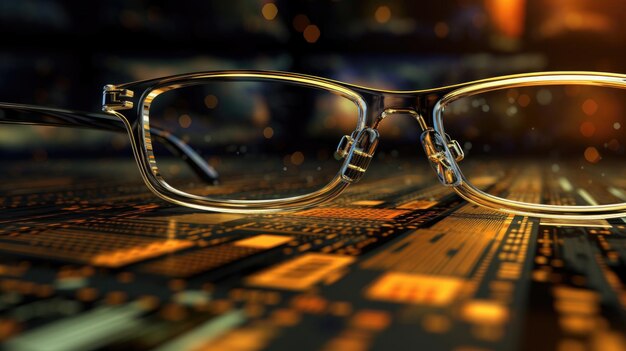 A pair of glasses on a table with a lit up background.