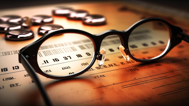 A pair of glasses on a table with the word search on it.