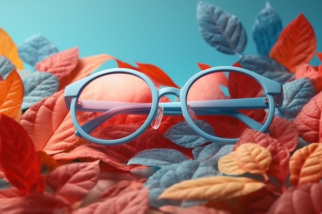 A pair of glasses with a blue frame sits on a pile of autumn leaves