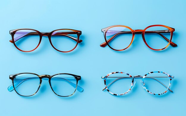 Photo a pair of glasses with a purple frame and a blue background