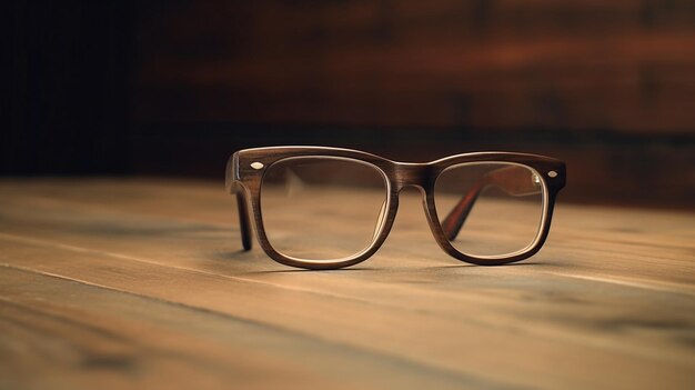 A pair of glasses on a wooden table