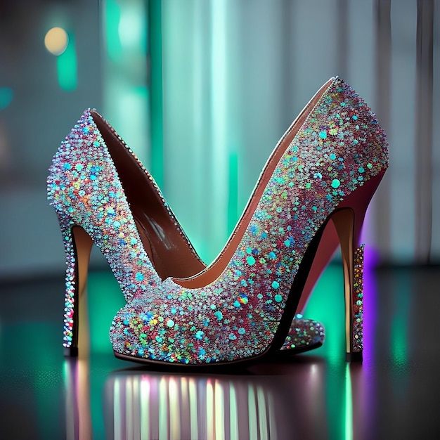 A pair of glittery shoes with the word on it