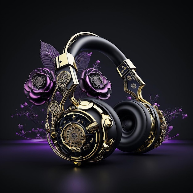 A pair of gold and black headphones with a flower on the side.