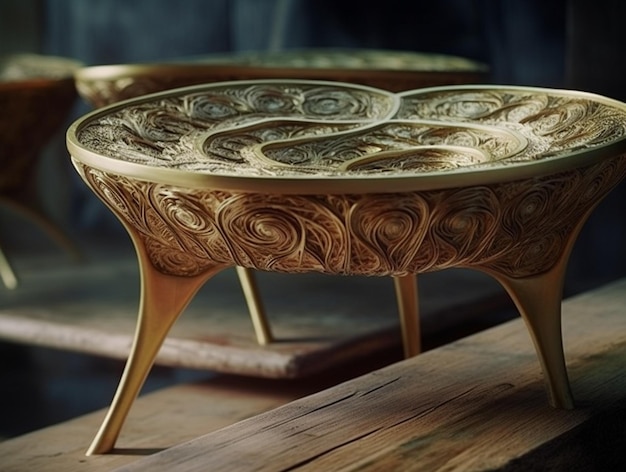 A pair of gold bowls with a design on the bottom.