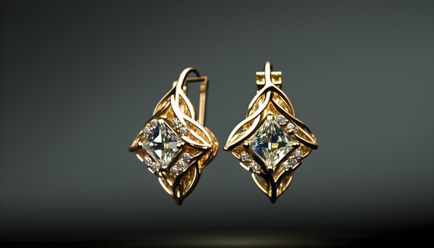 A pair of gold earrings with a diamond on the left side.