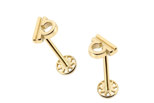 A pair of gold key earrings with a key on the front.