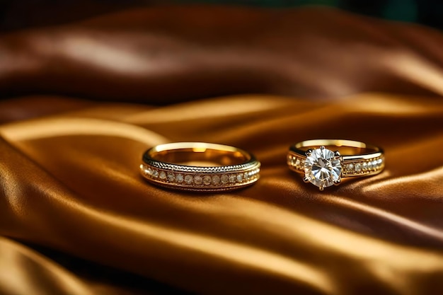 A pair of gold rings with a diamond on the top.