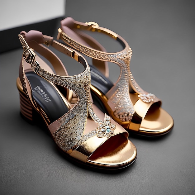 A pair of gold sandals with a diamond design on the bottom.