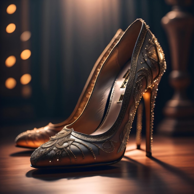 A pair of gold shoes with gold embellishments on the bottom and the word queen on the bottom.