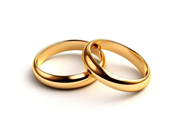 A pair of gold wedding rings are on a white background