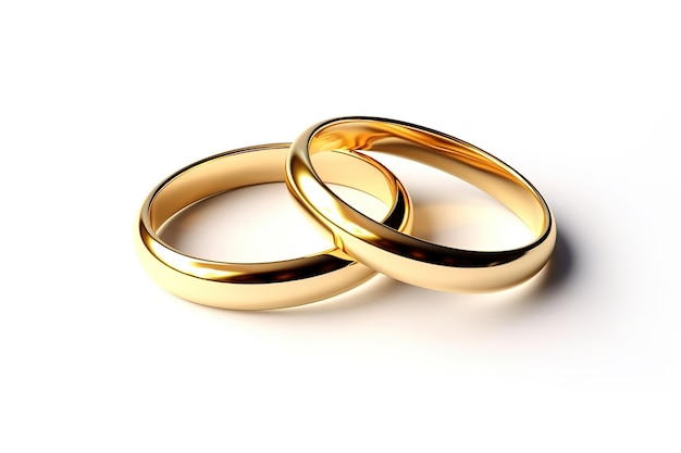 A pair of gold wedding rings are on a white surface