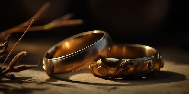 A pair of gold wedding rings on blurred background