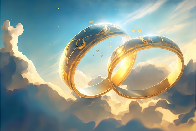 A pair of gold wedding rings floating in the sky two wedding rings floating in the clouds with a sun in the background and a blue sky with clouds below them Generative AI Wedding concept