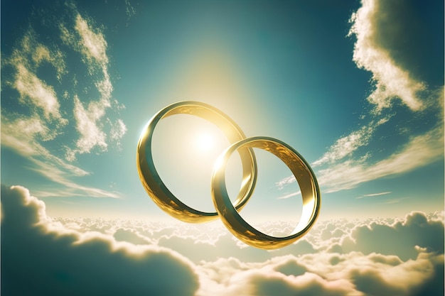 A pair of gold wedding rings floating in the sky two wedding rings floating in the clouds with a sun in the background and a blue sky with clouds below them Generative AI Wedding concept