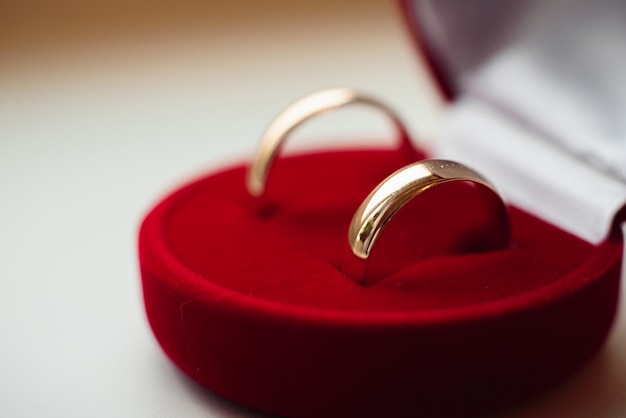 Pair of gold wedding rings lie in a red box close up