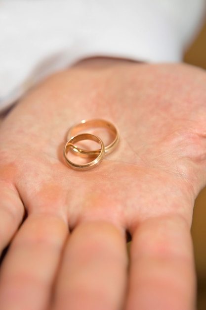 Pair of gold wedding rings on a palm