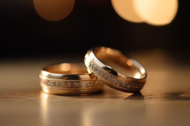 A pair of gold wedding rings with bokeh background