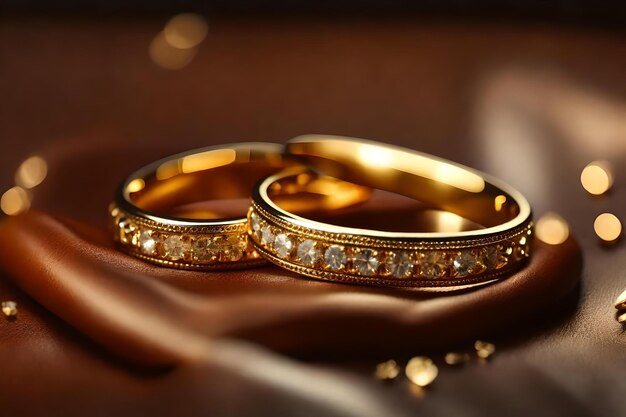 A pair of gold wedding rings with diamonds on a brown background