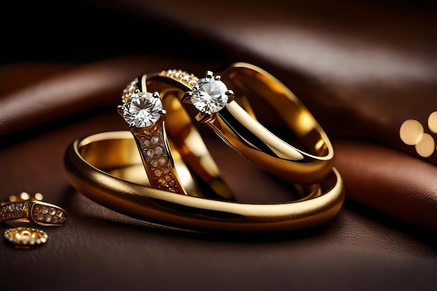 A pair of gold wedding rings with diamonds on them.