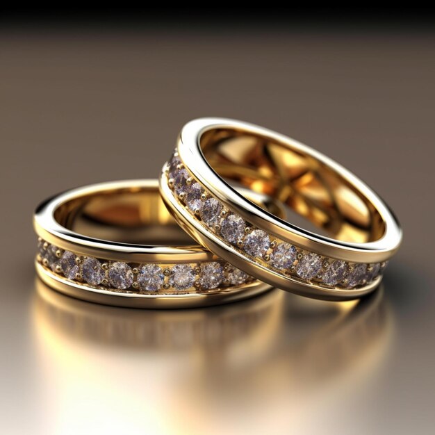 a pair of gold wedding rings with diamonds