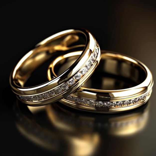 a pair of gold wedding rings with diamonds